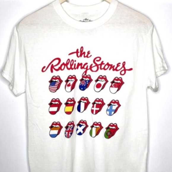 Musidor The Rolling Stones T-Shirt Flags Tongues White Size SMALL- NEW - Picture 1 of 5